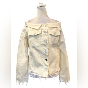 D’zzit White Off-Shoulder Distressed Denim Trucker Jacket Raw Hem Fray S